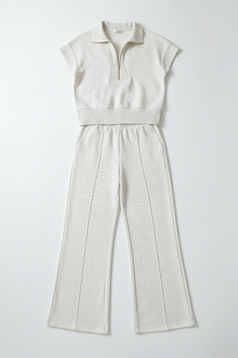 Light Grey Half Zip Polo Tee Casual Pant Set - Two Piece Sets/Pant Sets