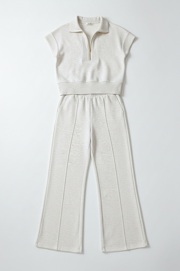 Light Grey Half Zip Polo Tee Casual Pant Set - Two Piece Sets/Pant Sets