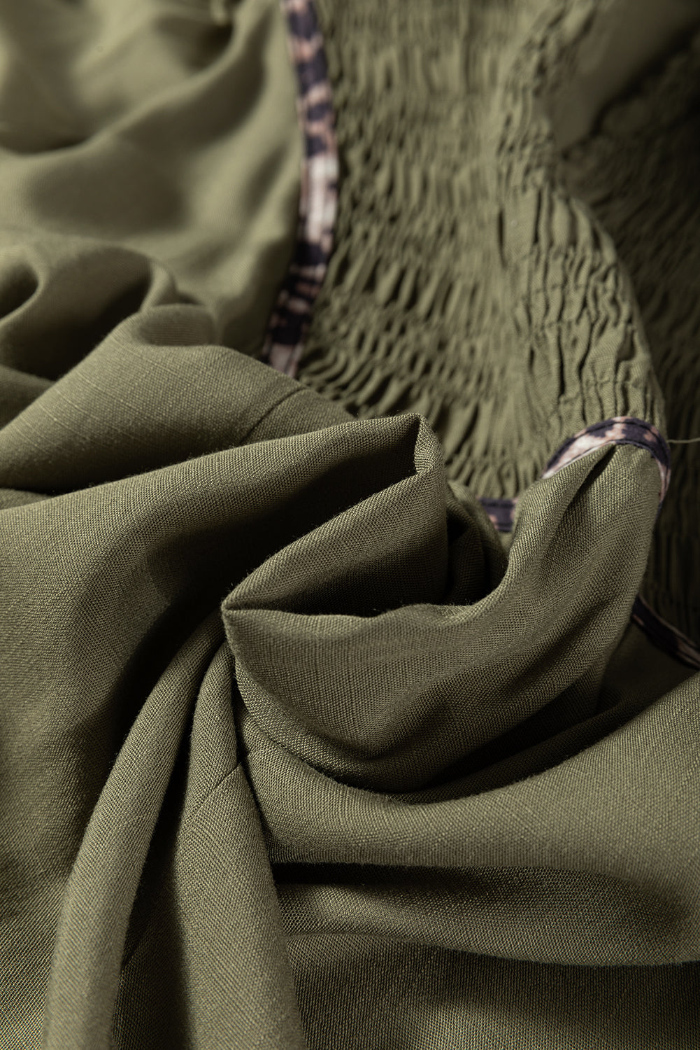 Collared V-Neck Smocked Detail Contrast Leopard Trim Bracelet Sleeve Long Dress - eAura