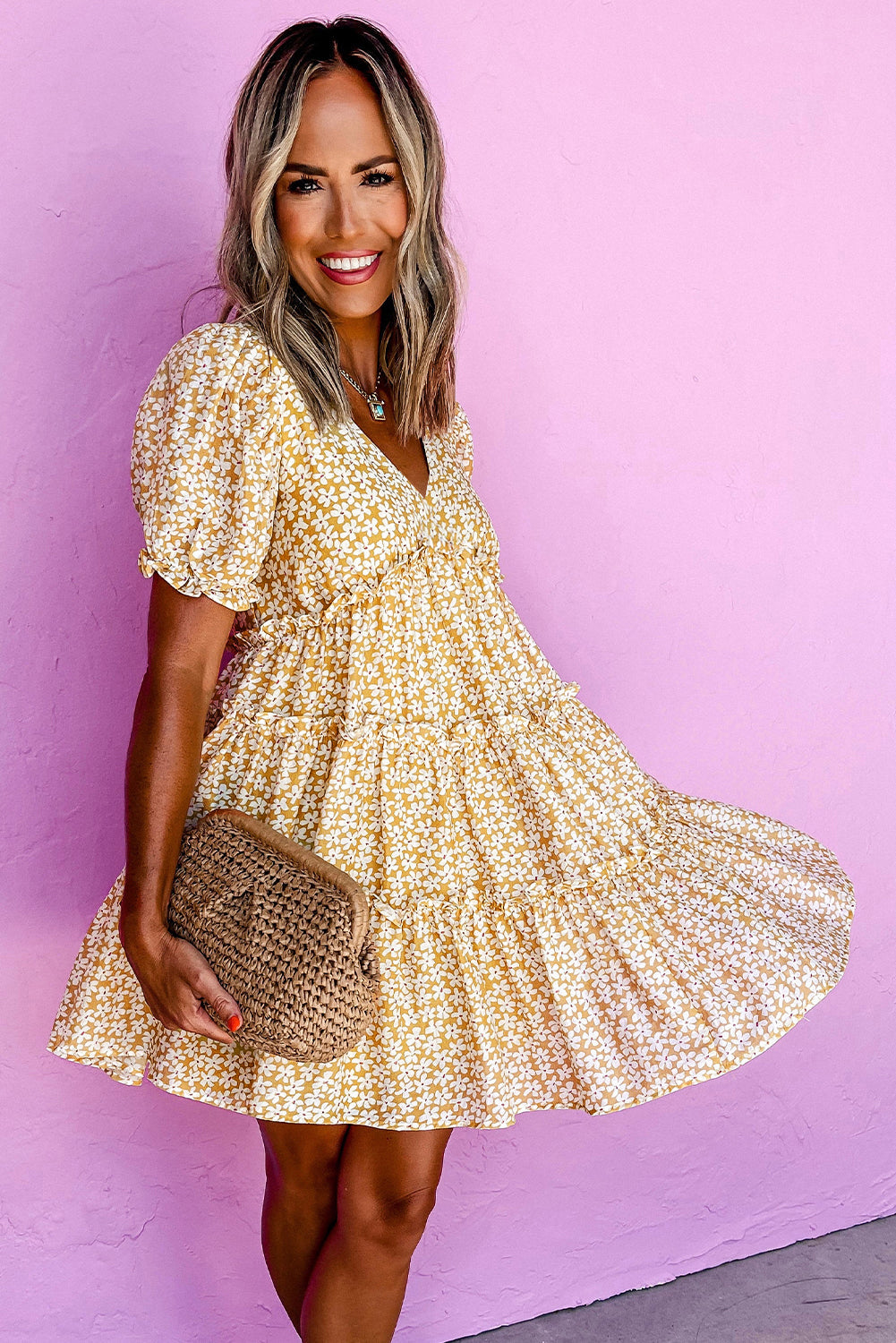 Yellow Floral Short Sleeve V Neck Frilly Tiered Mini Dress eAura