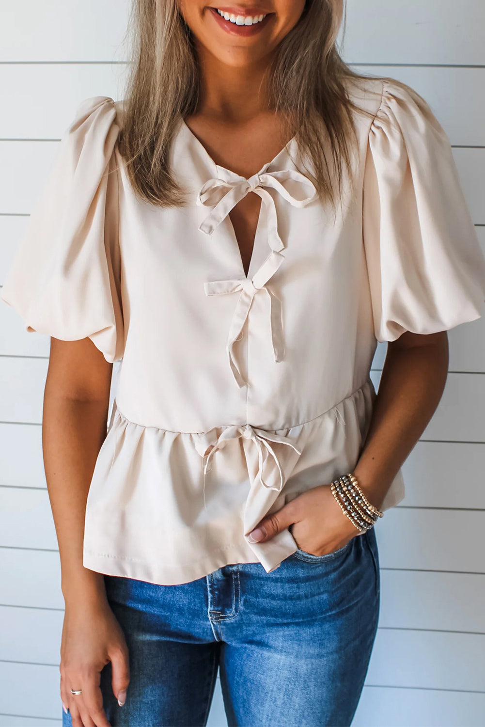 White Bow Tie Short Puff Sleeve Ruffle Hem Blouse eAura