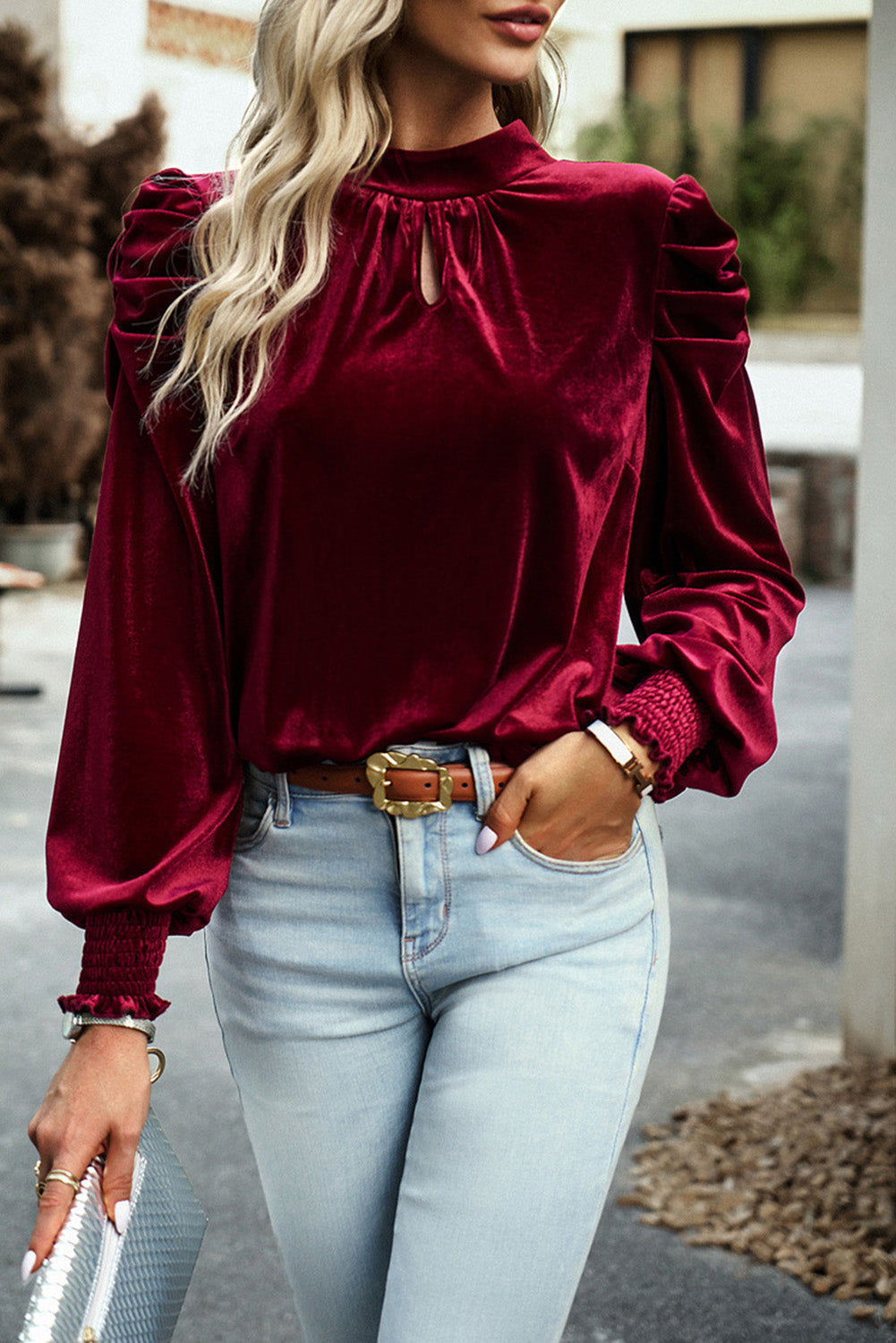 Sky Blue Fiery Mock Neck Puff Sleeve Velvet Blouse Beagle Boutique Fashion Outlet