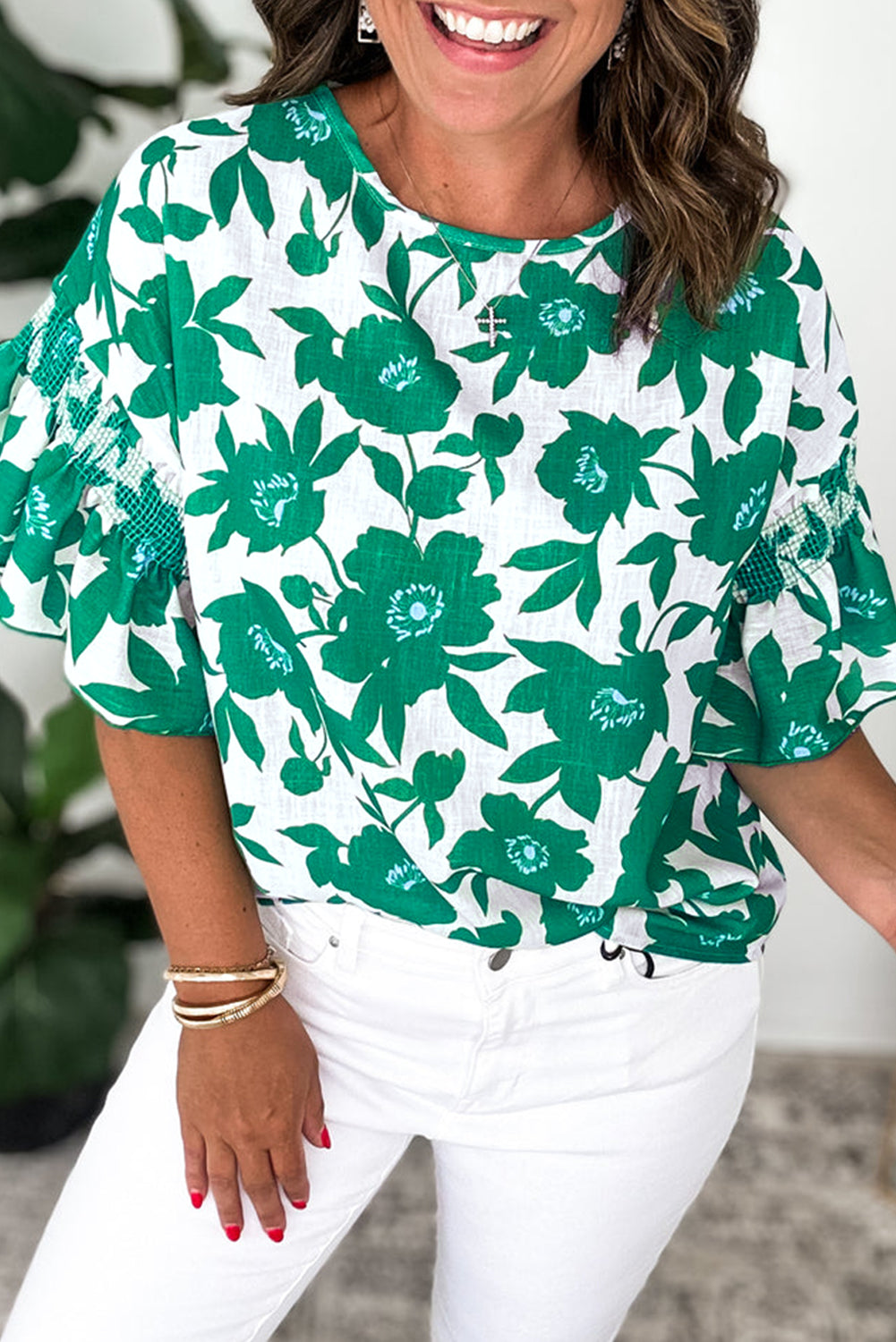 Green Floral Printed Ruffled Short Sleeve Round Neck Loose Blouse eAura