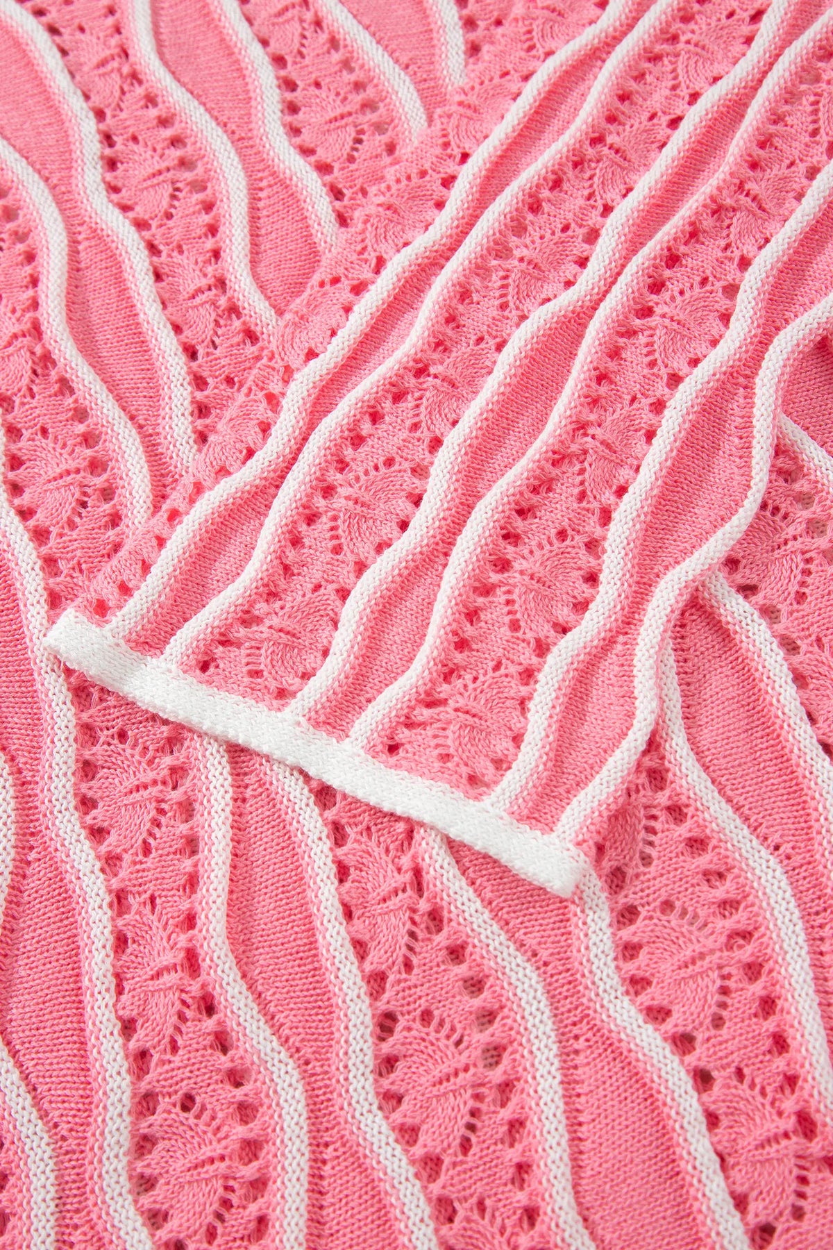 Wavy Detail Hollow Out Knit Long Sleeve Cotton Pullover Sweater – Pink