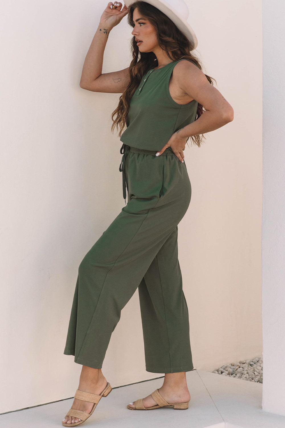 Vineyard Green Buttoned Drawstring Waist Sleeveless Wide Leg Jumpsuit eAura