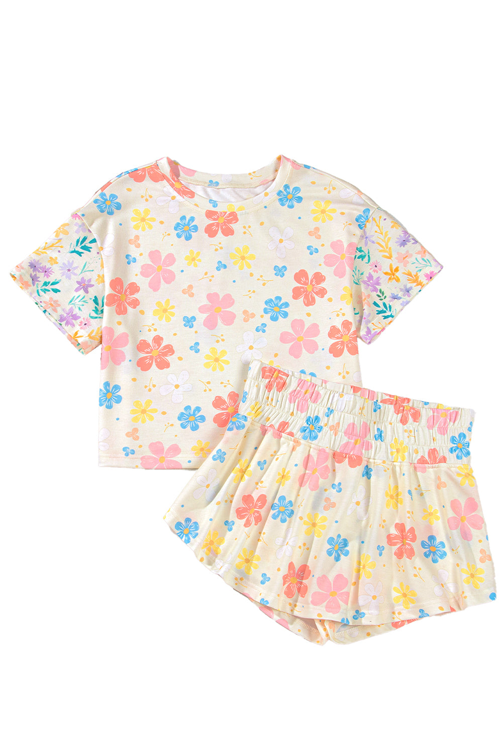 Apricot Floral Print Crop Top Wide Leg Short Set eAura
