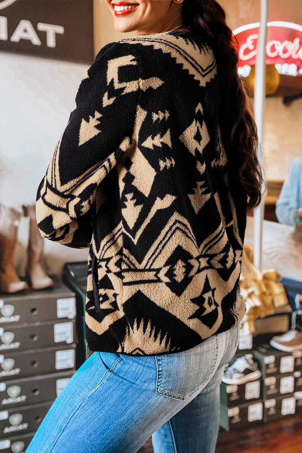 Black Western Aztec Half Zip Plush Sweatshirt eAura