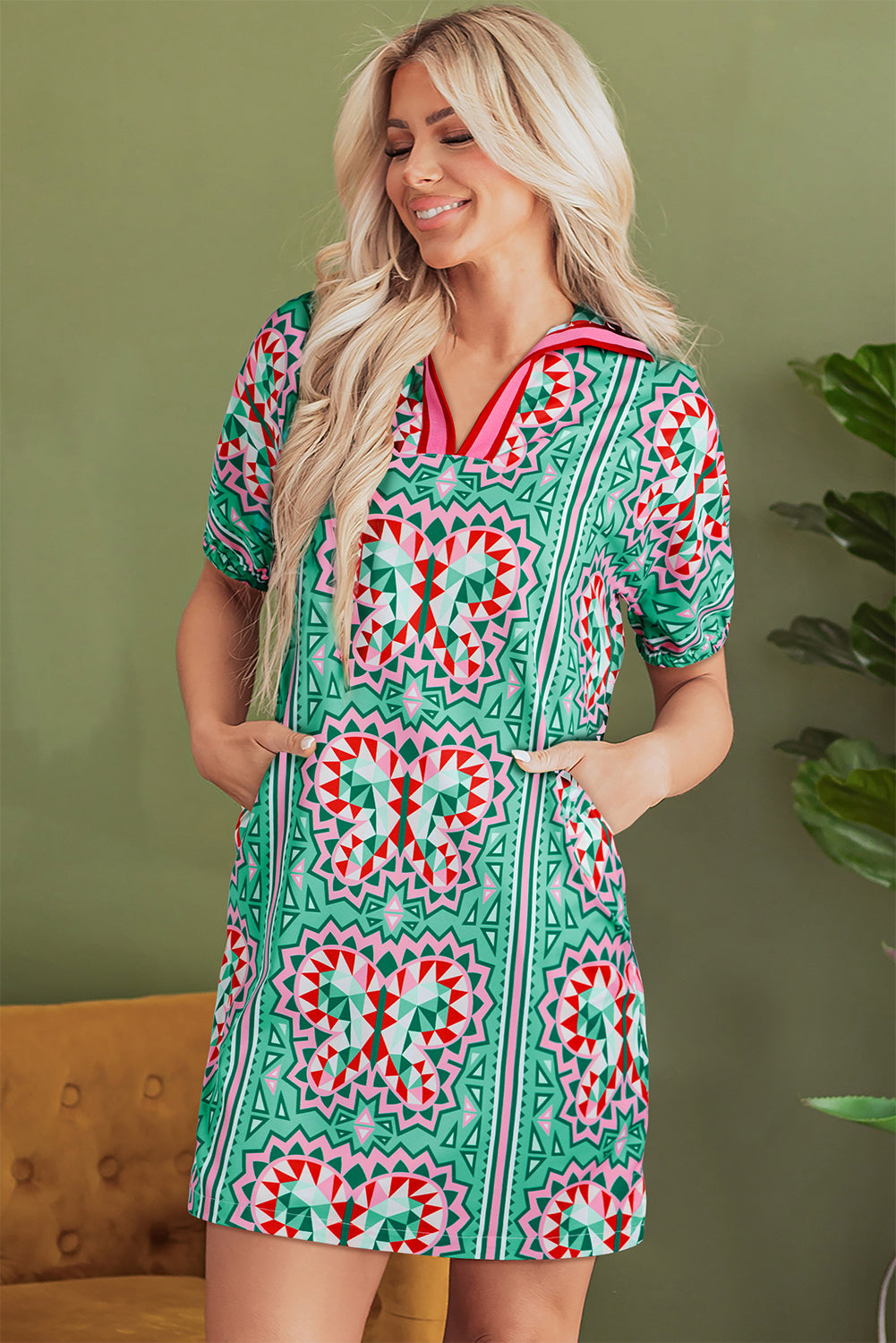 Mint Green Geometric Butterfly Print Split Neck Short Sleeve Dress eAura