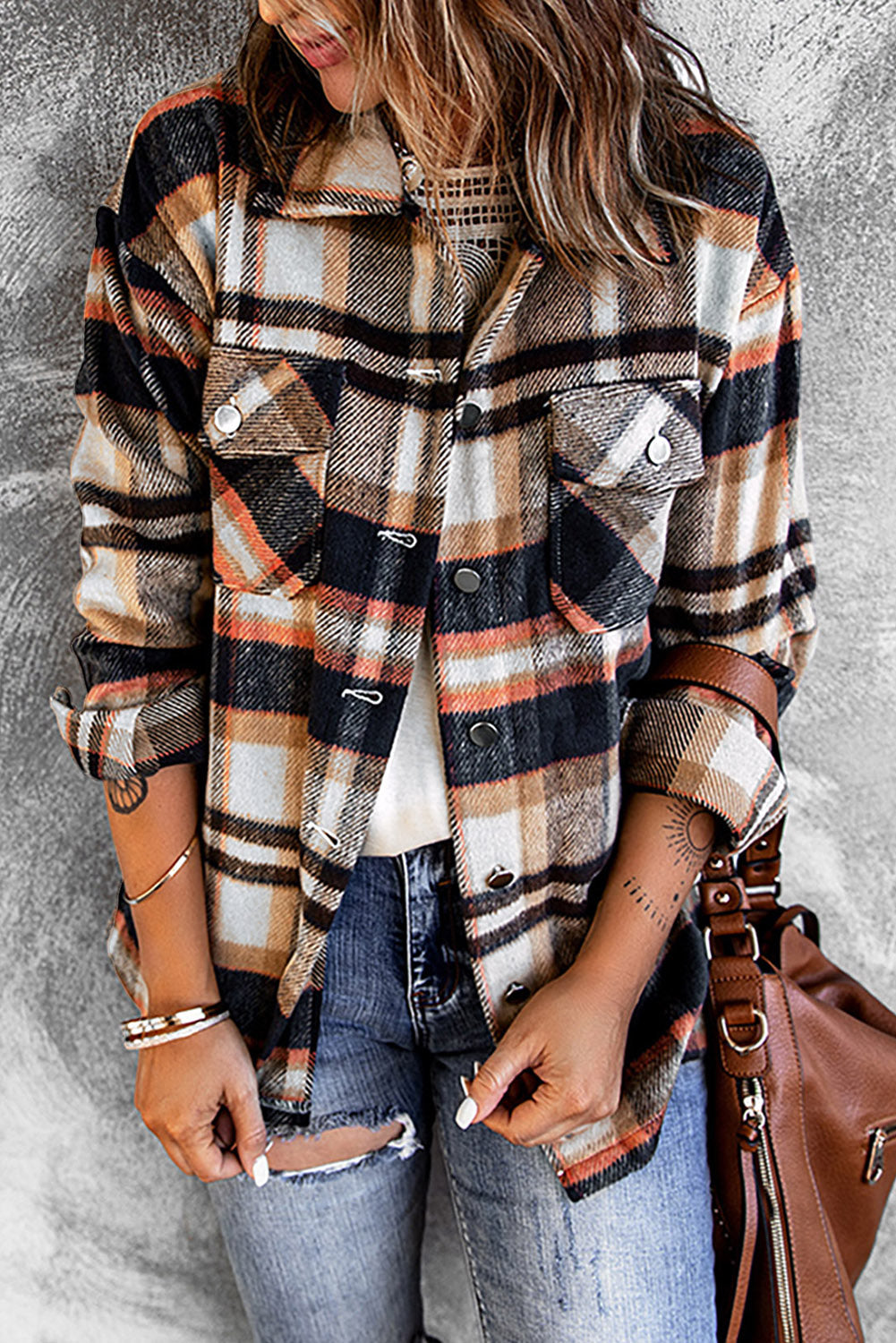 Geometric Plaid Print Pocketed Shacket eAura