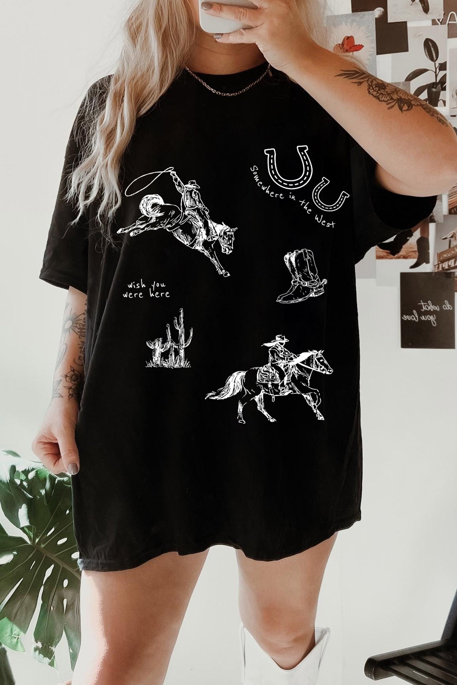 Western Cowboy Print Oversized Tunic Tee – Black