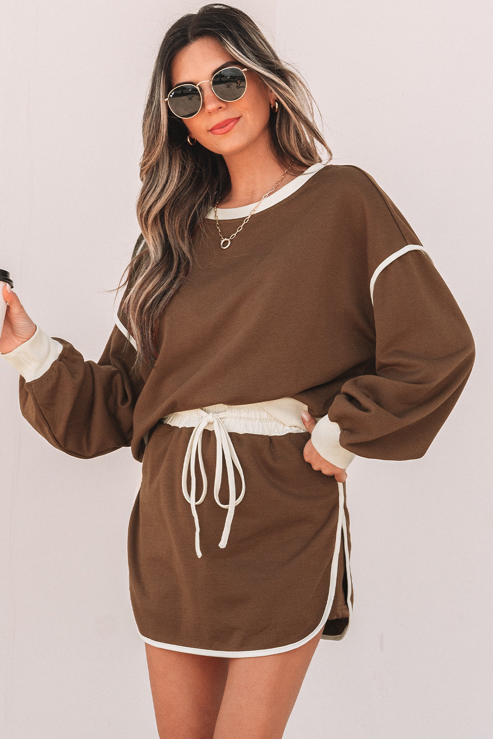 Coffee Colour Contrast Loose Pullover and Lace-up Waist Skort Set eAura
