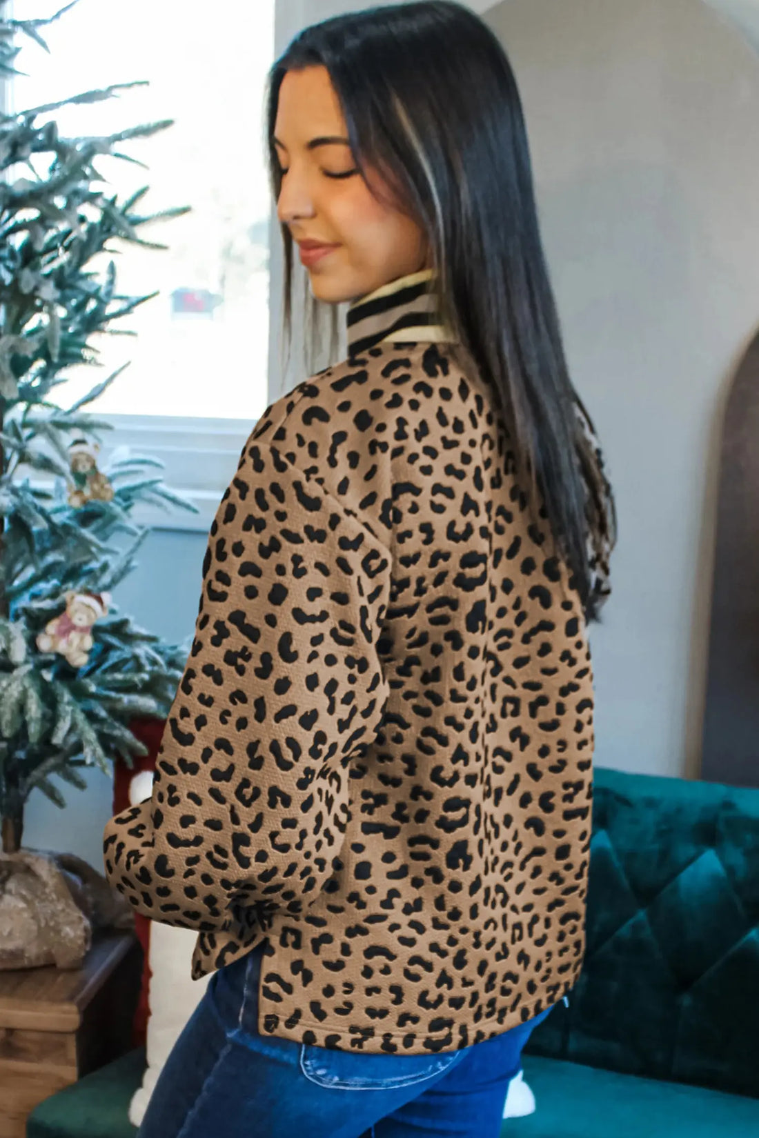 Leopard Print Striped Trim Collar Long Sleeve Shift Pullover – Brown