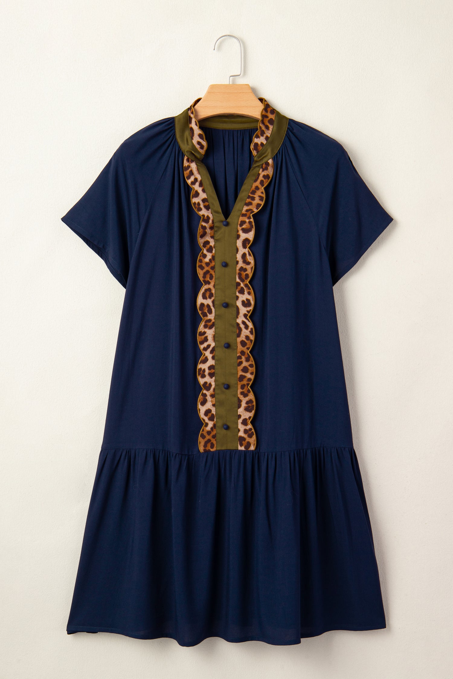 Button Detail Leopard Metallic Trim Short Sleeve Tunic Dress