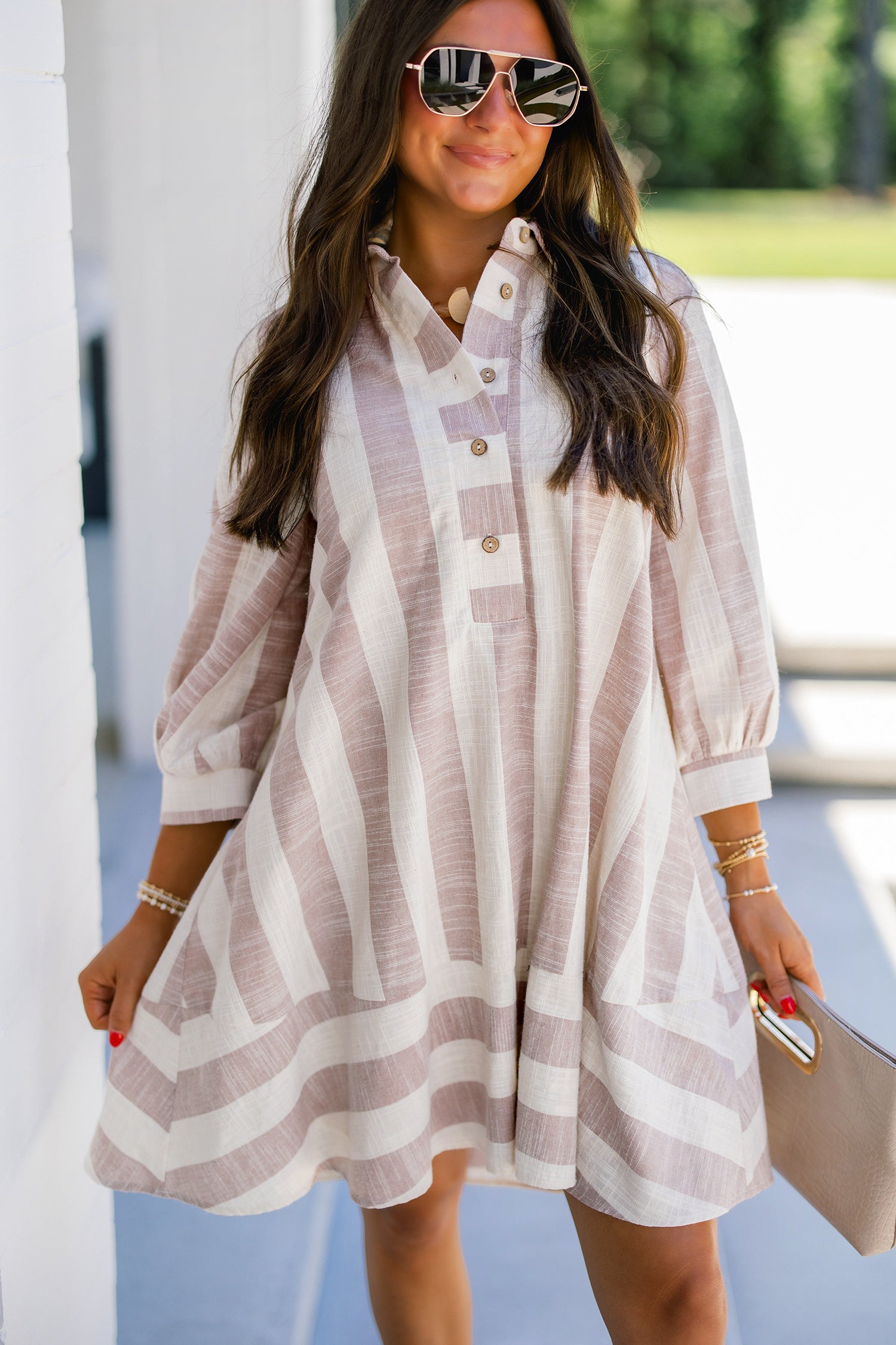 Striped Button-Up Three-Quarter Sleeve Short Shift Dress – Khaki Stripe