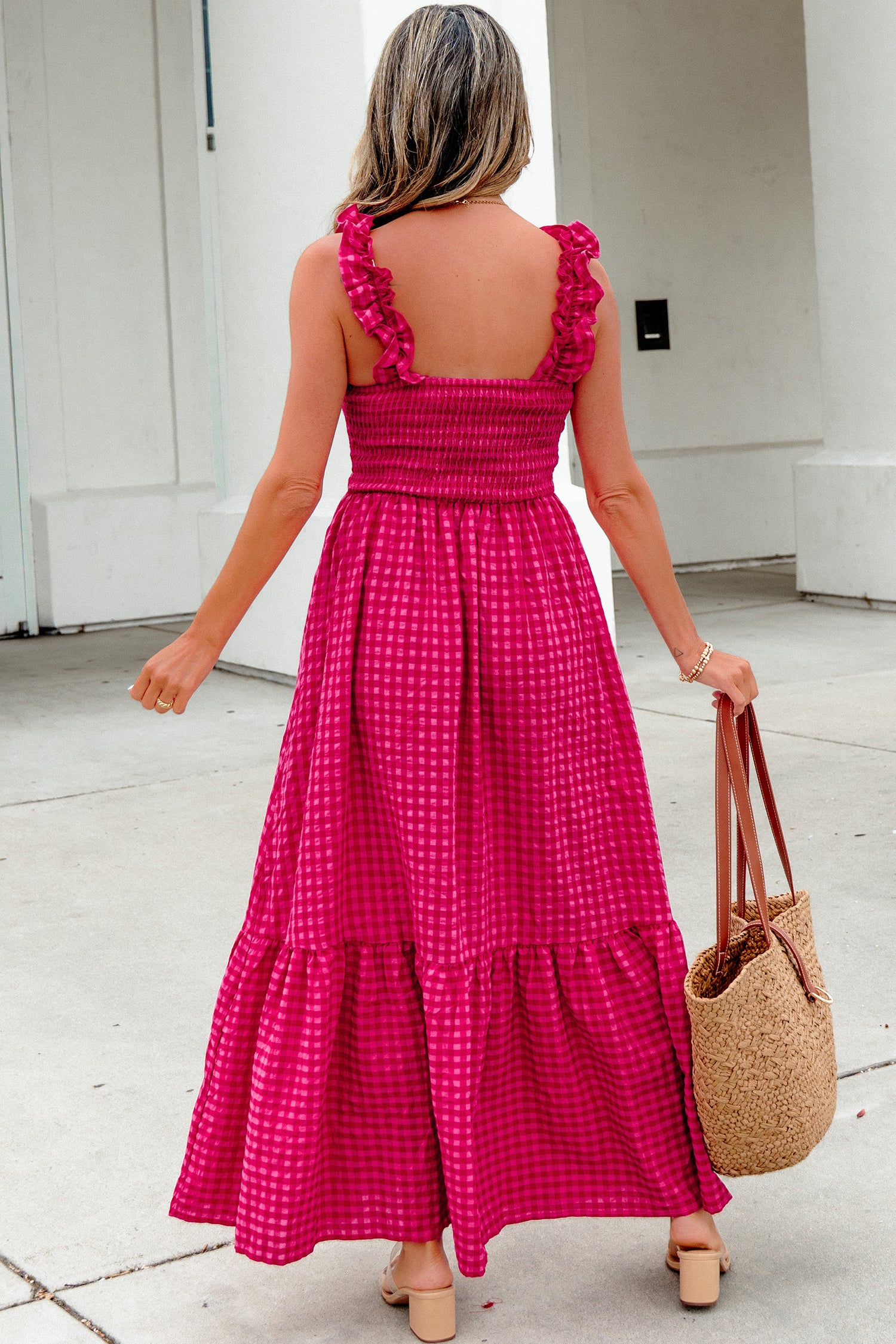 Red Plaid Square Neck Fit-and-Flared Vacation Sundress