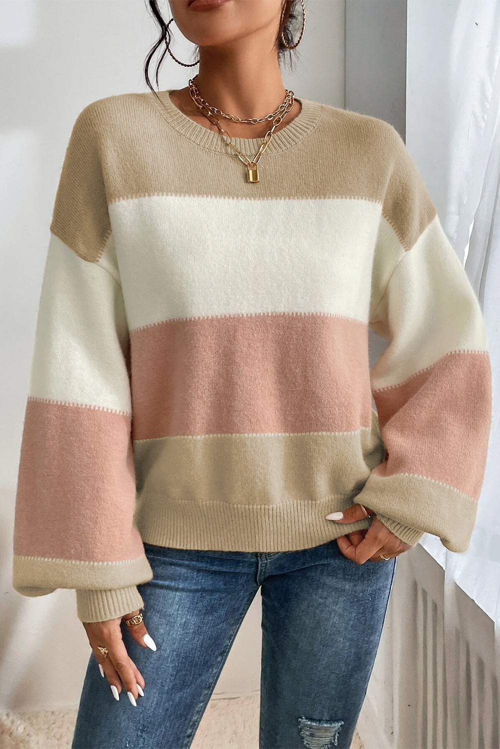 Dusty Pink Colour Block Lantern Sleeve Drop Shoulder Sweater eAura