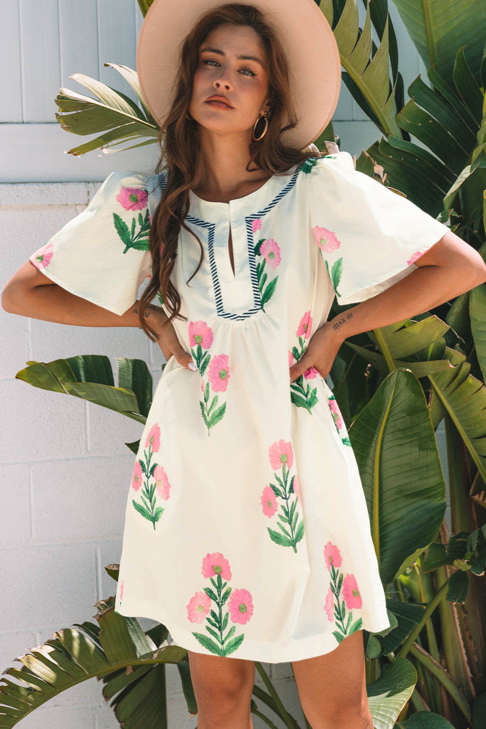Floral Short Sleeve Split Neck Loose Mini Dress eAura
