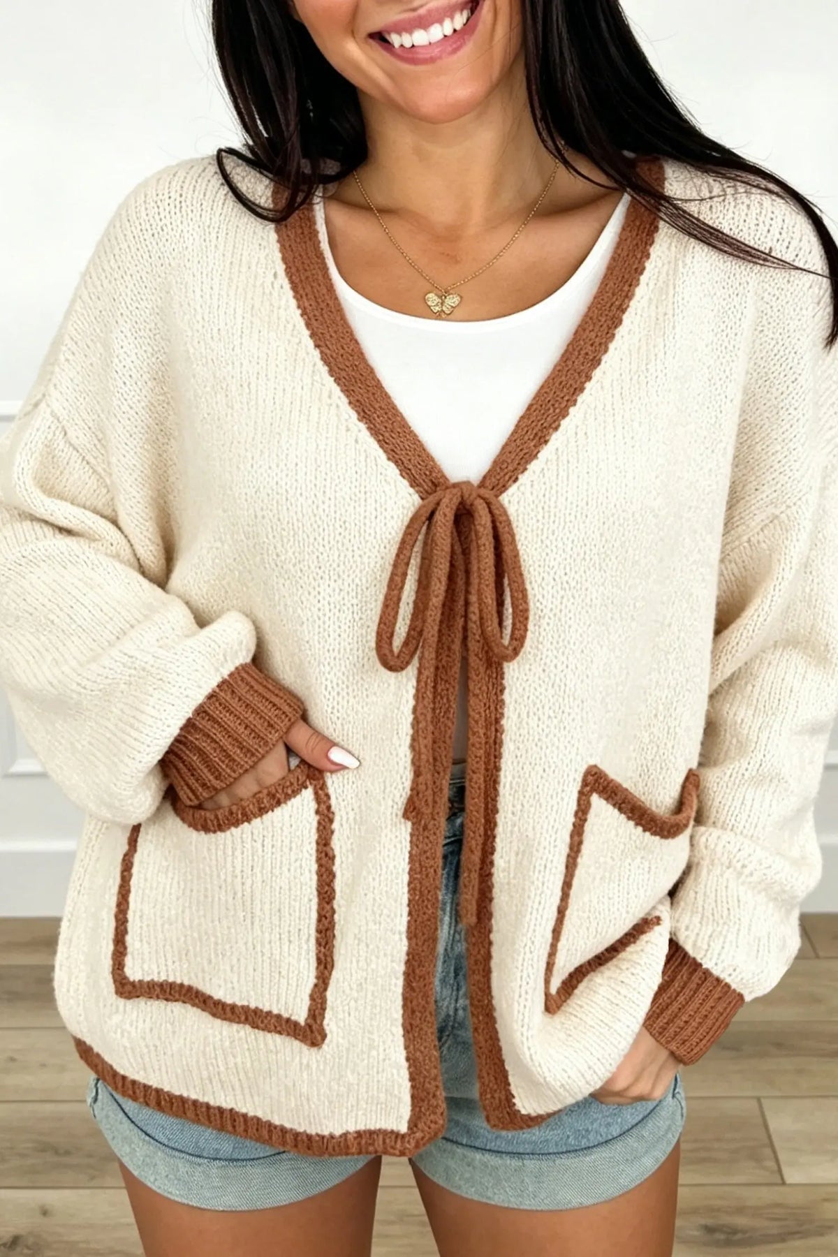 Cardigan Contrast Trim V-Neck Tie Front Loose Sweater