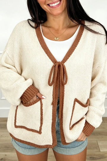 Cardigan Contrast Trim V-Neck Tie Front Loose Sweater
