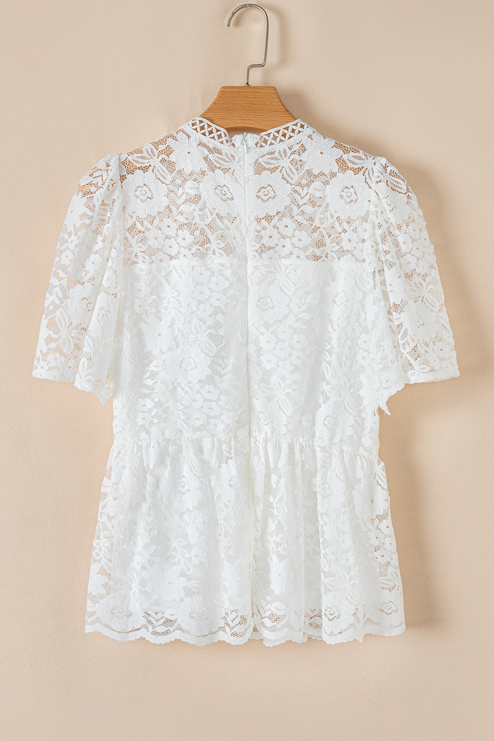 White Short Sleeve Scalloped Floral Lace Peplum Blouse eAura