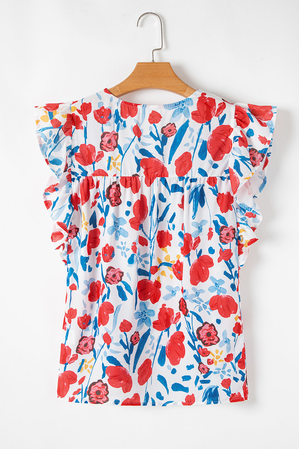 Red Flowers Pintuck Detail V-Neck Ruffled Sleeve Top eAura