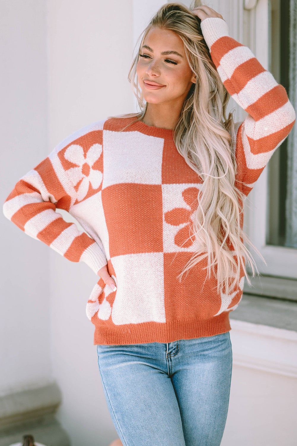 Brown Checkered Floral Print Striped Sleeve Sweater eAura
