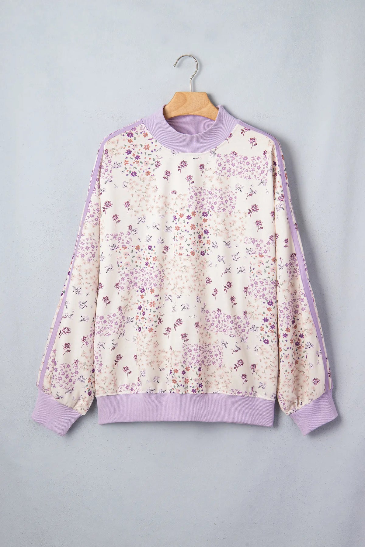 Floral Print High Neck Colourblock Sleeve Paneling Sweatshirt – Purple