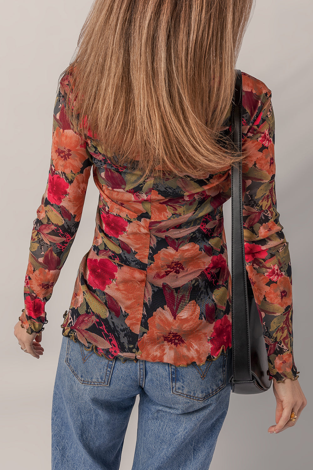 Multicolour Floral Print Lettuce Trim Long Sleeve Mesh Top - eAura