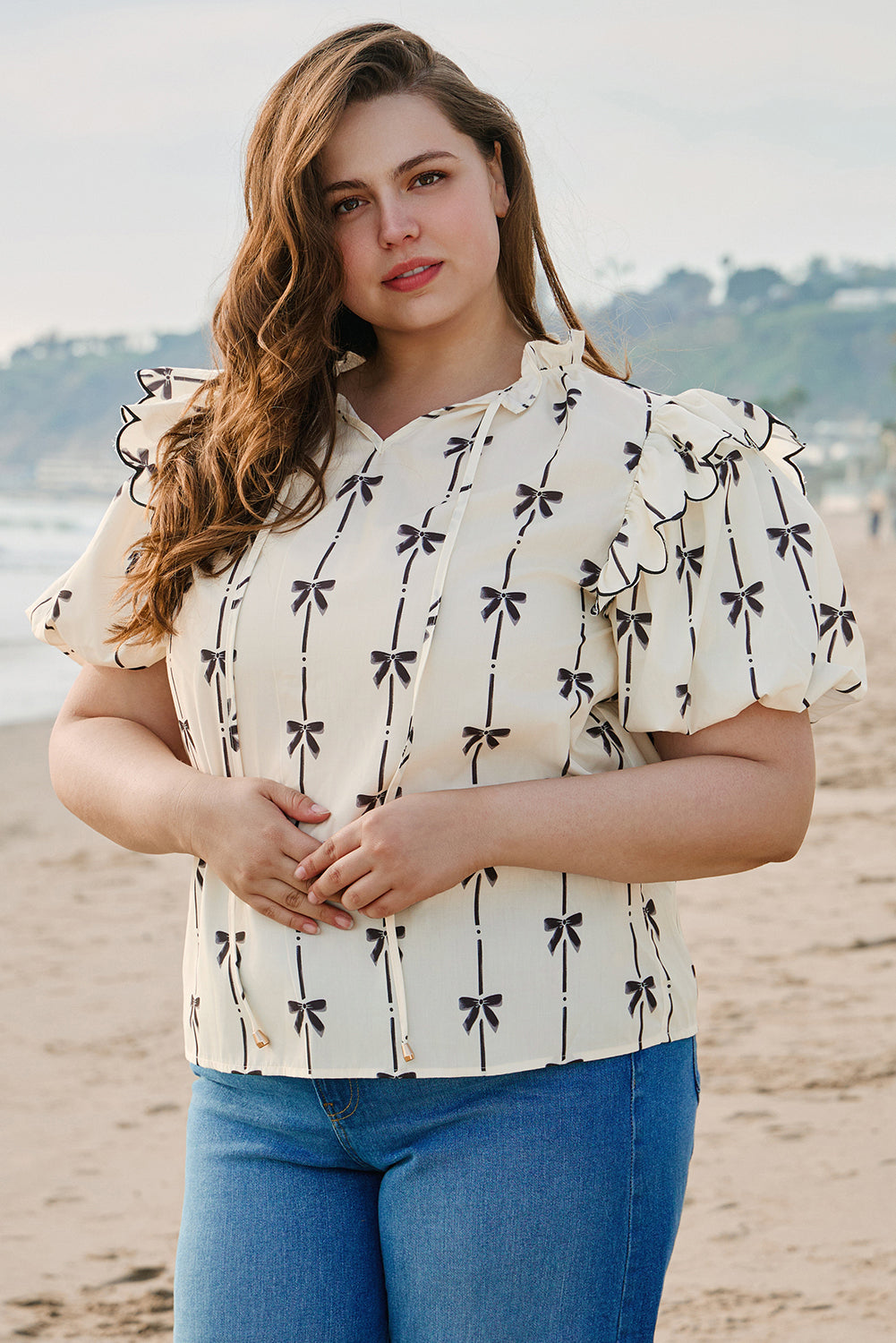 Apricot Bow Printed Ruffled Bubble Sleeve Lace-up Notched Neck Plus Size Blouse - eAura