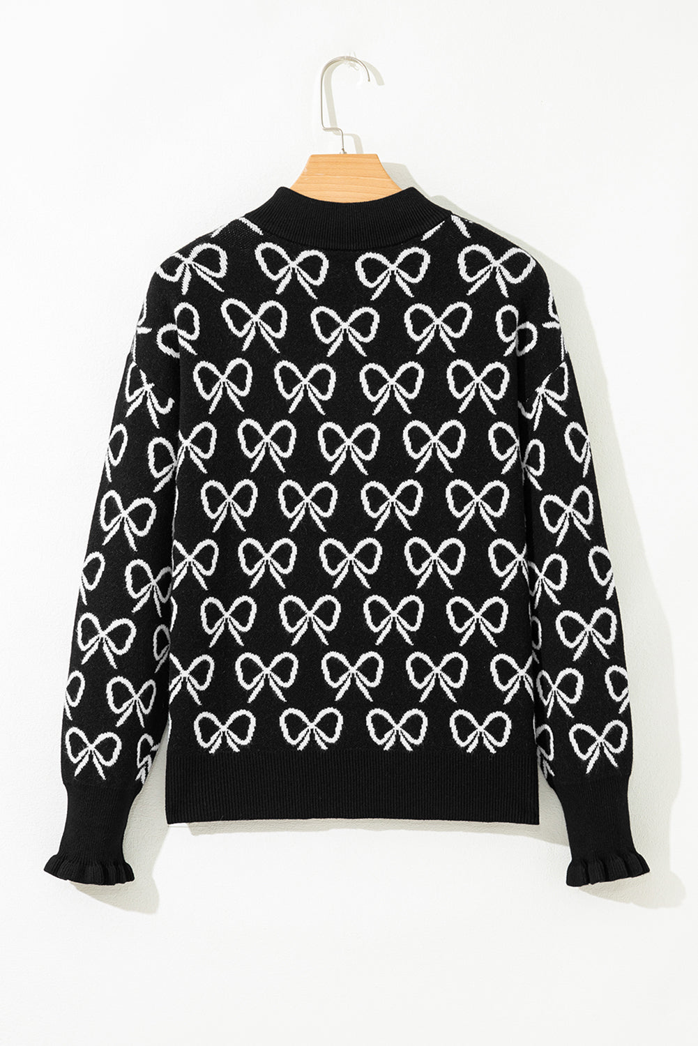 Bow Pattern Drop Shoulder Zipped Collar Sweater - eAura
