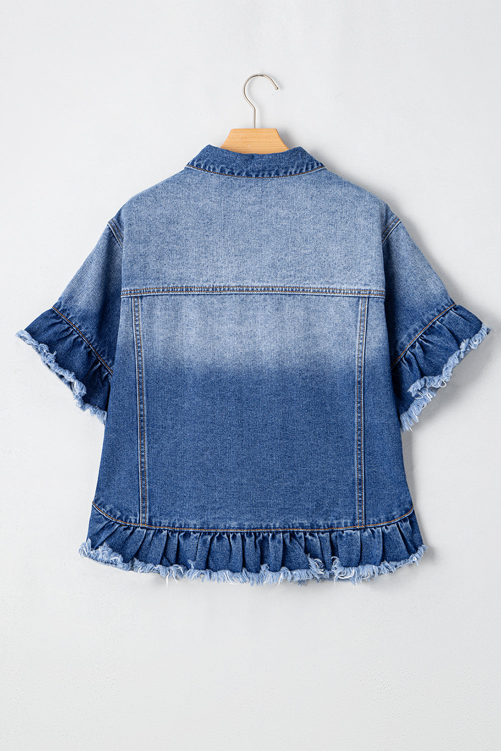 Peacock Blue Raw Edge Ruffled Short Sleeve Denim Jacket eAura