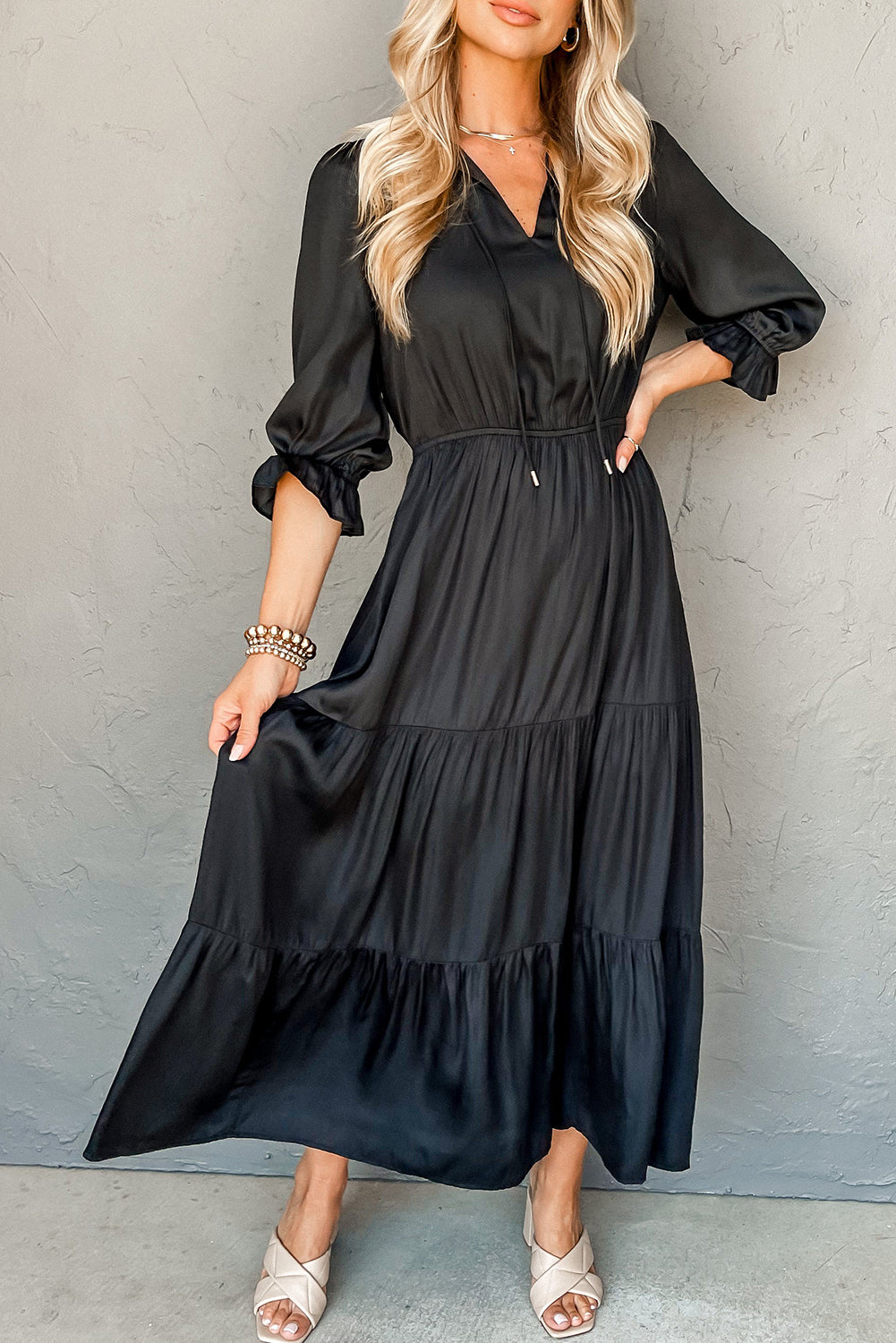 Black Flounced Bracelet Sleeve V-Neck Tiered Maxi Dress