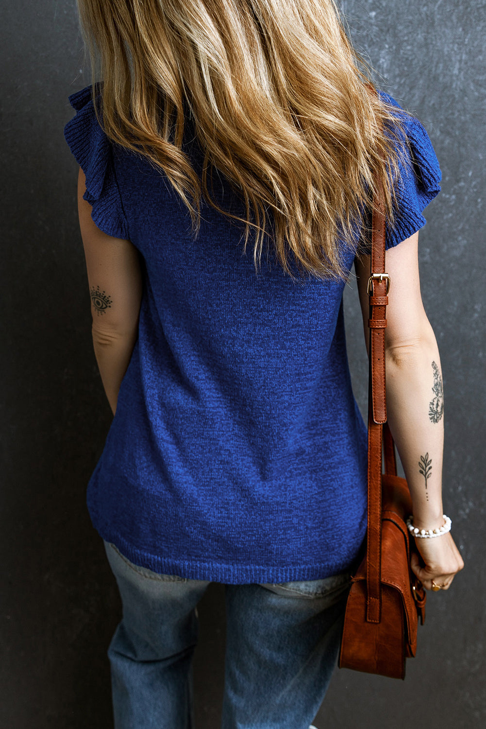 Dark Blue Ruffle Sleeve Knitted Sweater Top eAura