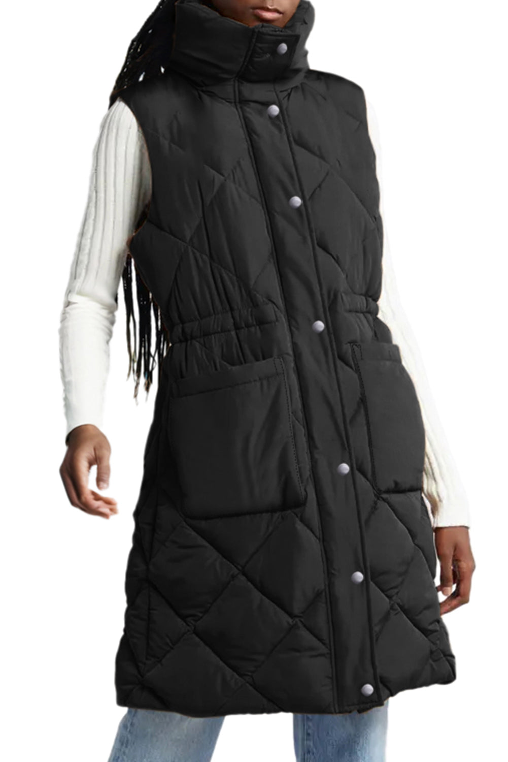 Black Longline Quilted Stand Collar Puffer Gilet Beagle Boutique Fashion Outlet