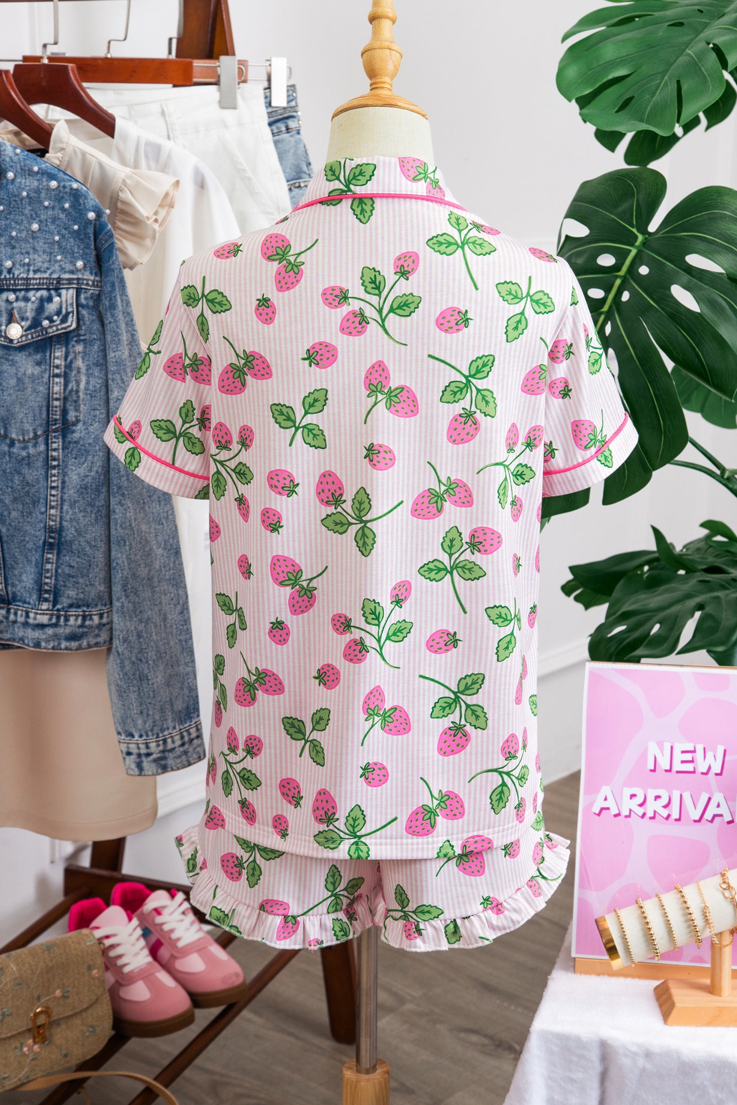 Striped Strawberry Print Pyjama Set – Pink