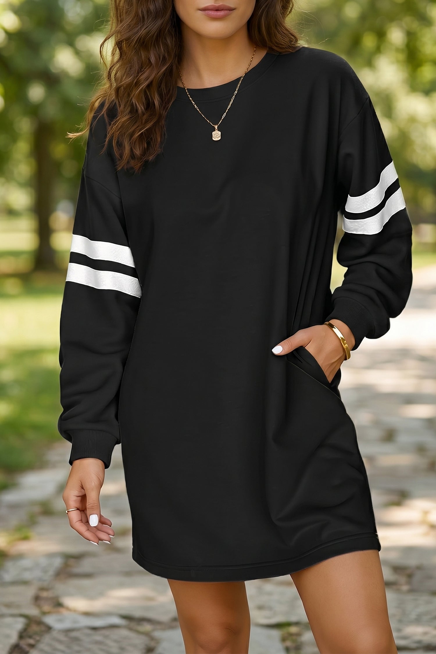 Varsity Contrast Banded Sleeve Shift Sweatshirt Dress