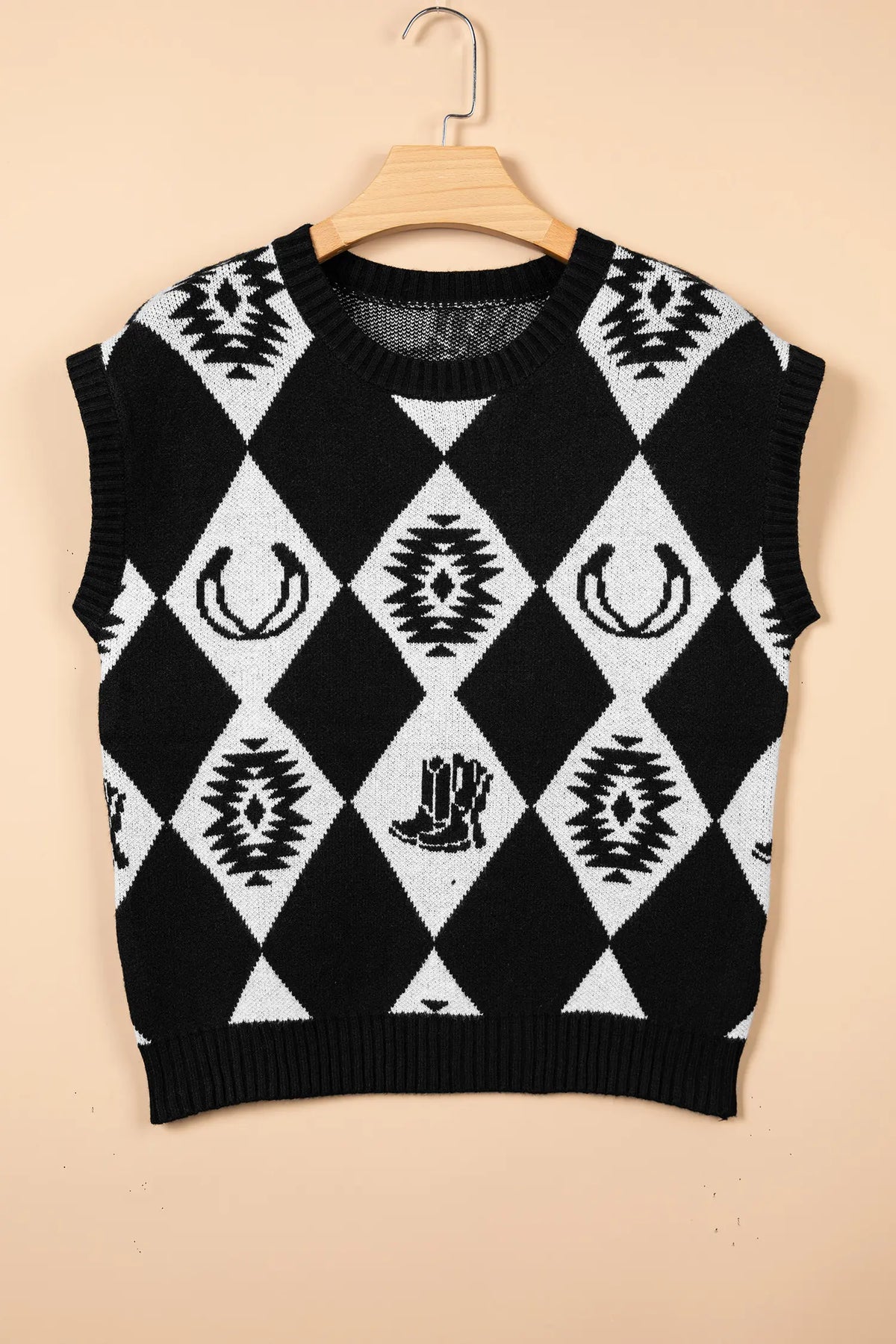 Retro Rhombus Western Print Drop Shoulder Short Sleeve Sweater – Black