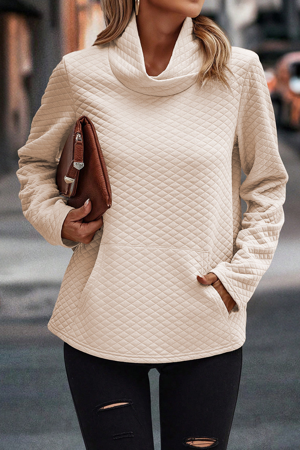 Apricot High Neck Kangaroo Pocket Quilted Sweatshirt BB Fashion Outlet