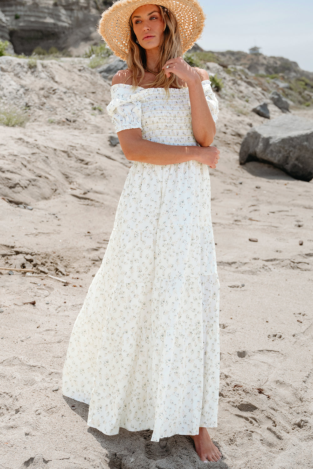 White Frilly Shirred Bodice Tiered Floral Maxi Dress eAura