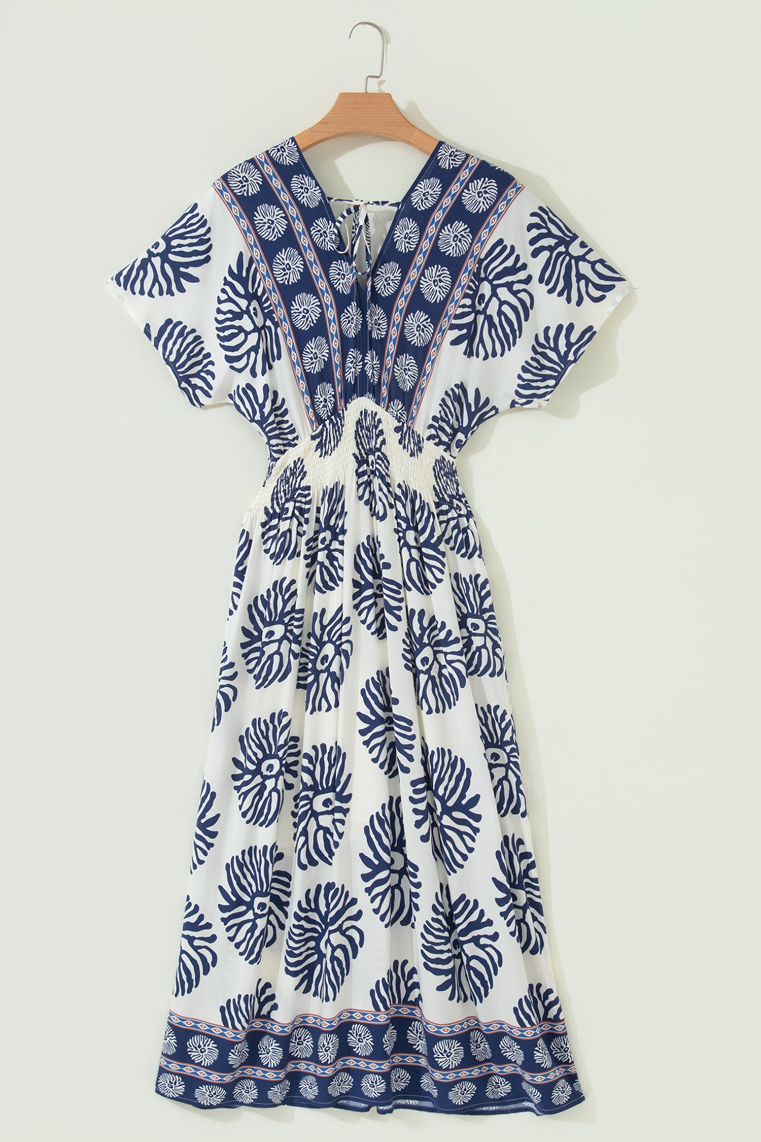 Boho Floral Print Contrast Patchwork V Neck Dolman Maxi Dress – Blue