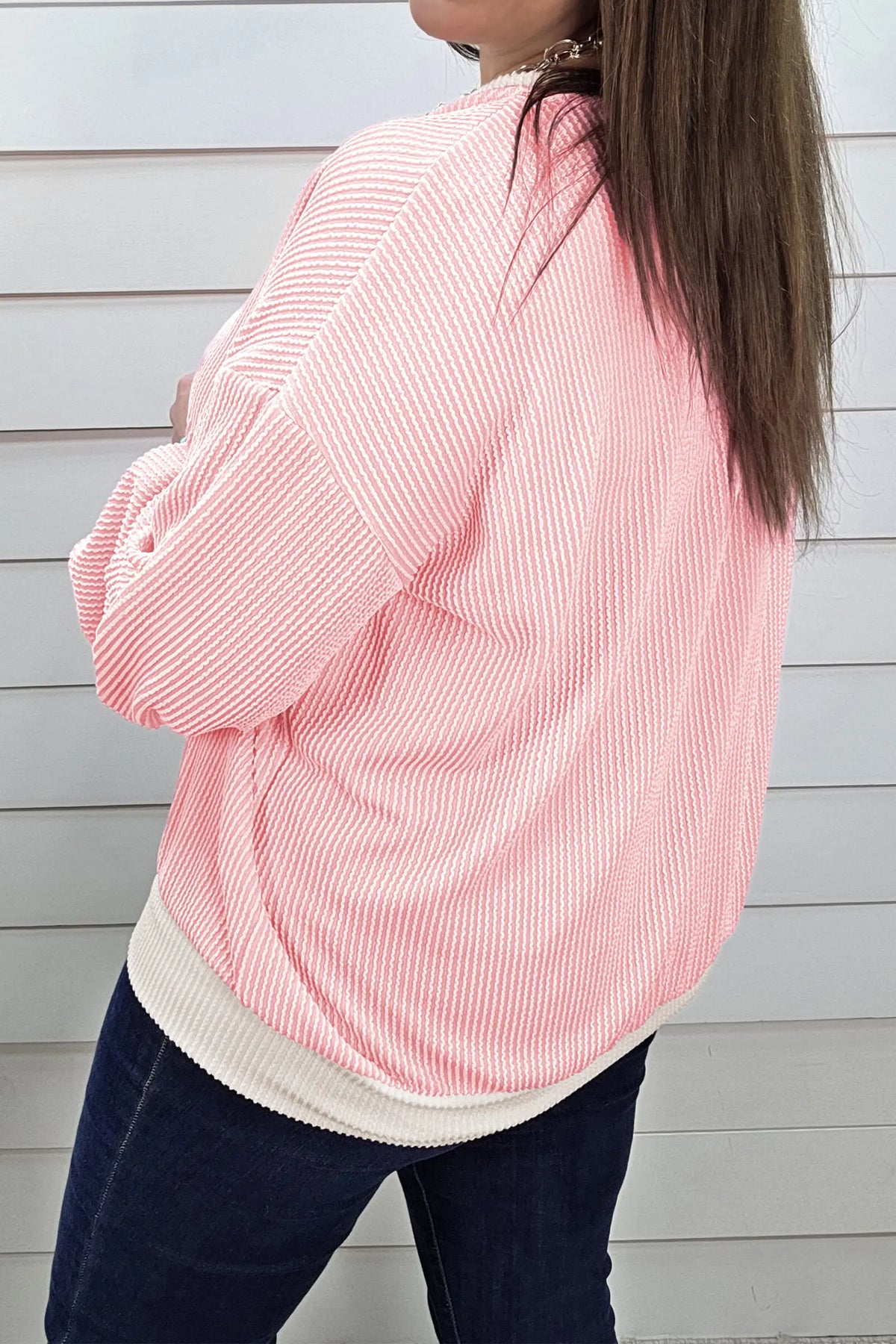 Ribbed Knit Colourblock Long Sleeve Round Neck Plus Size Blouse – Pink