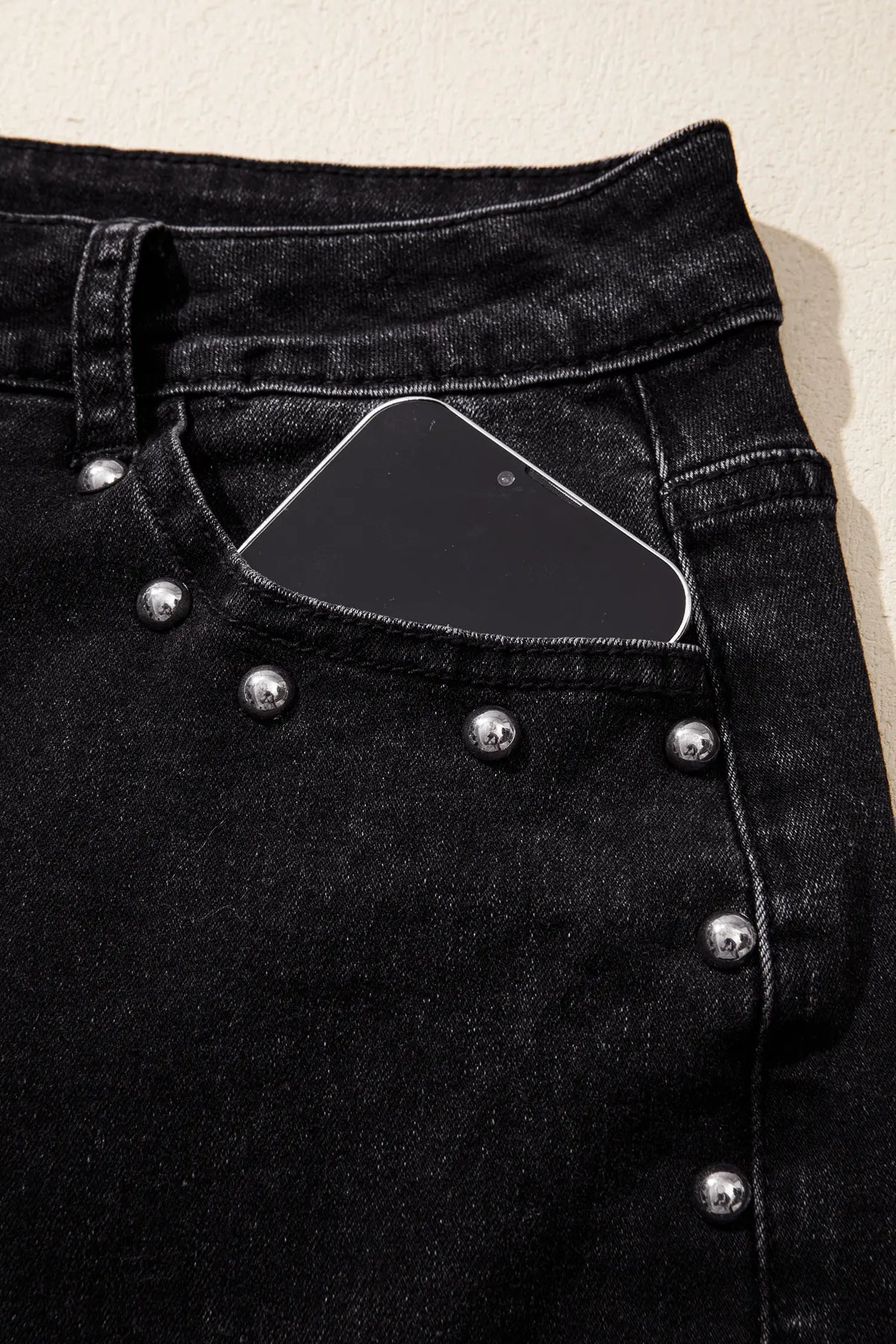 Studded Detail Straight Leg Casual Loose Jeans – Black