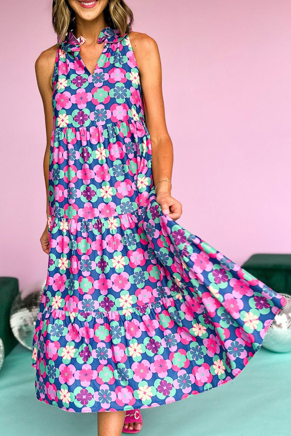 Sky Blue Floral Print Frilly Neck Sleeveless Tiered Maxi Dress eAura