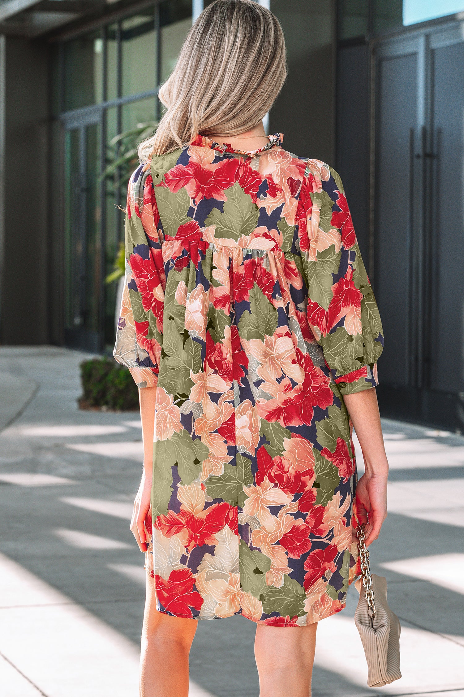 Floral Print Frilled Collar V-Neck Half Sleeve Mini Dress