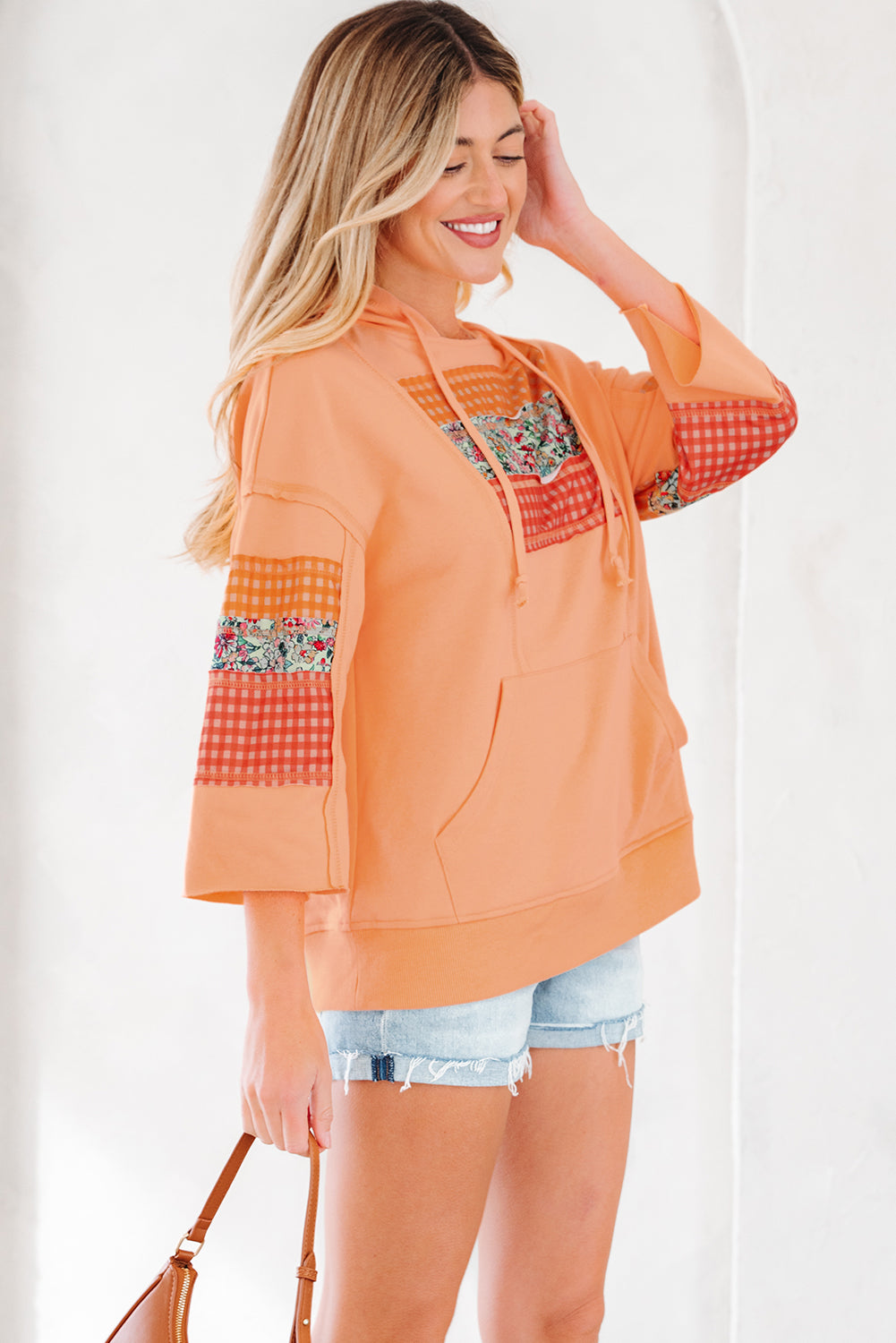 Plaid Floral Patchwork Kangaroo Pocket Hooded Long Sleeve Top - Tops/Long Tops