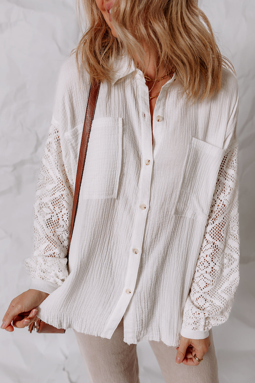White Cotton Gauze Lace Patchwork Long Sleeve Shirt - eAura