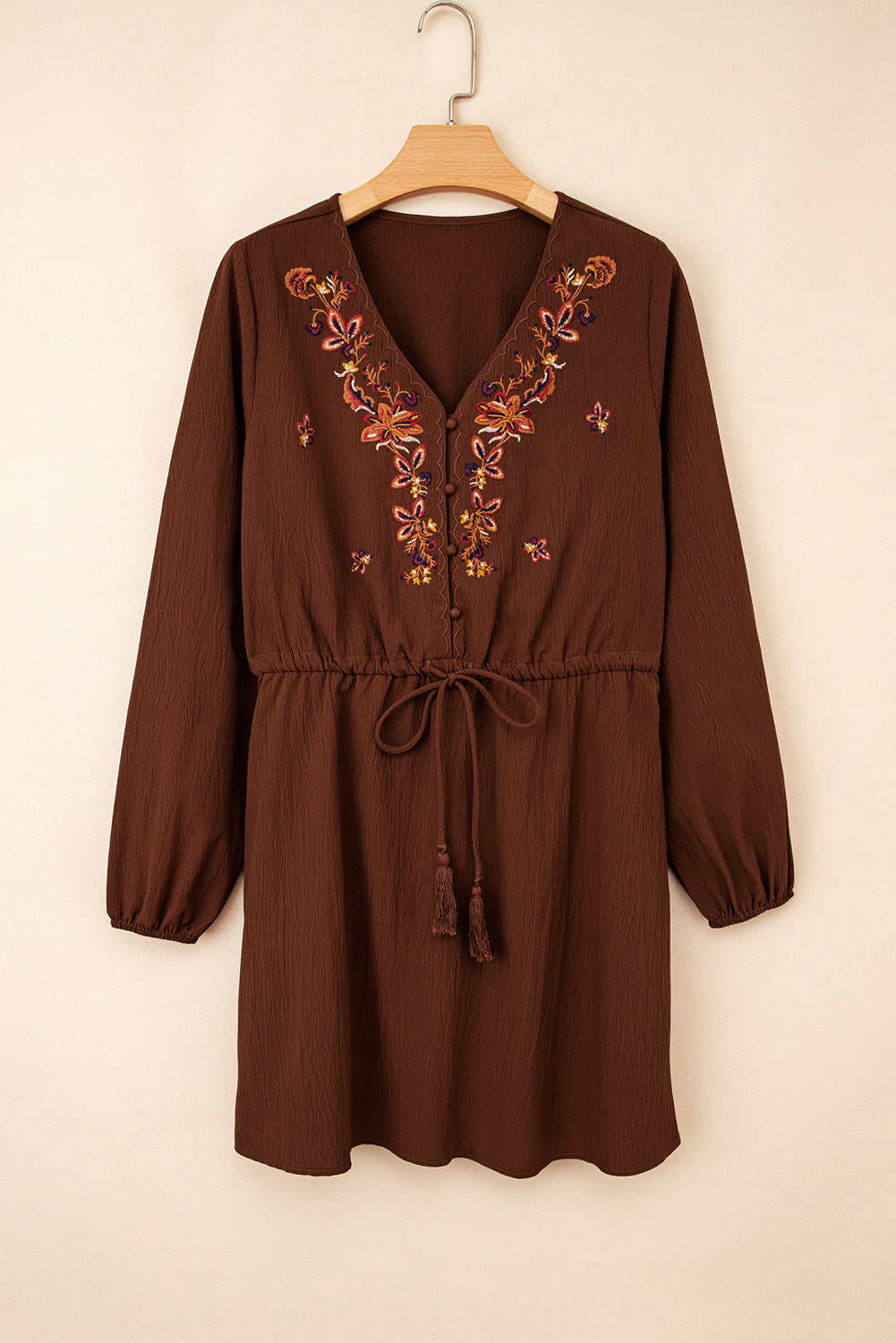 Embroidered Tassel Tie Waist Long Sleeve Mini Dress - eAura