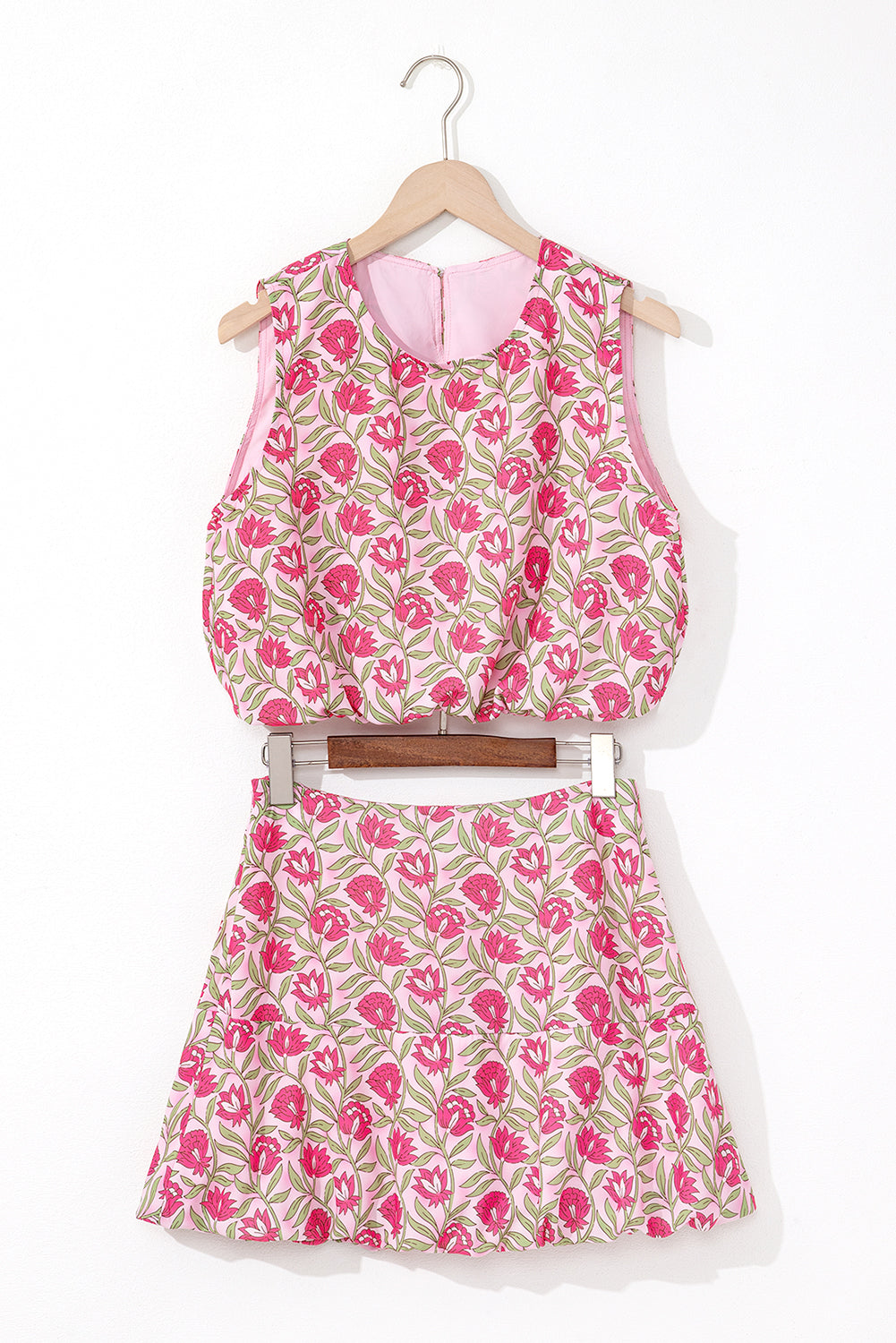 Pink Floral Print Puffy Cropped Tank and Mini Skirt Set eAura