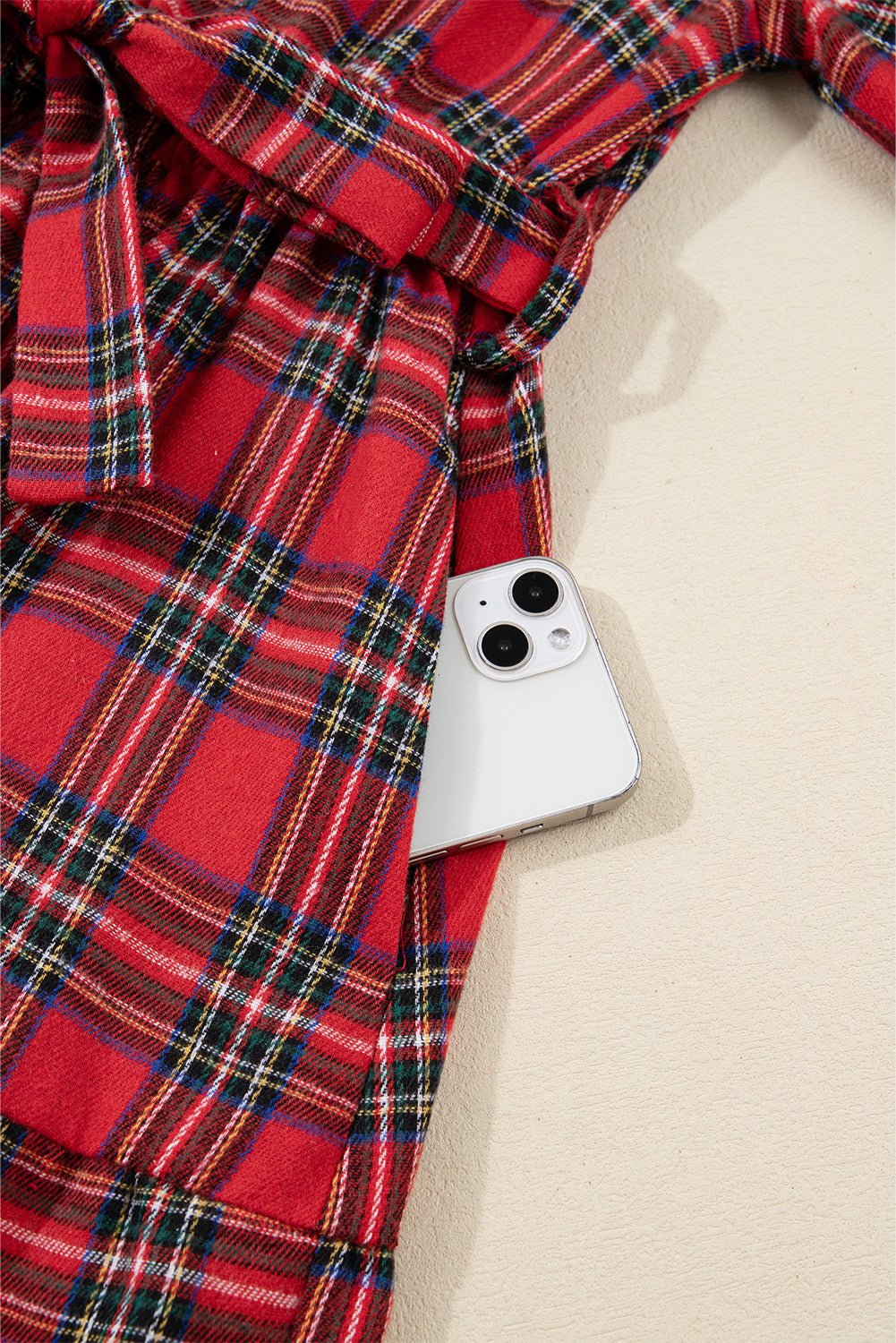 Christmas Plaid Print V-Neck 3/4 Sleeve Tie Waist Long Dress - eAura