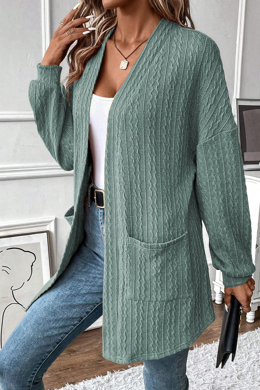 Canton Textured Knit Side Pockets Open Front Cardigan eAura